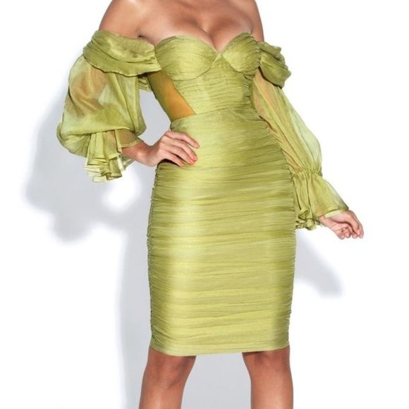 🔥Sirene Olive Silk Pleated Off Shoulder Dress - Picture 4 of 9